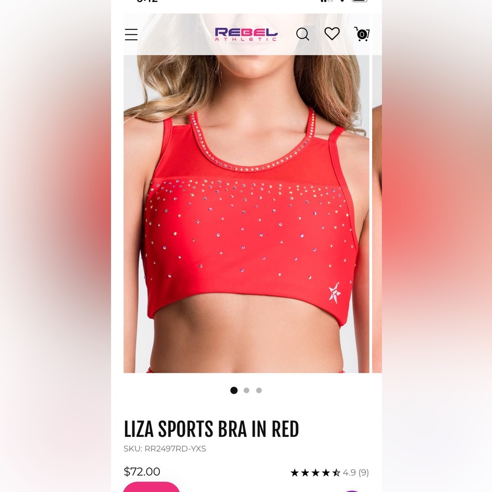 Rebel Athletic Liza rhinestone sports bra, red, AS.  Miss America line